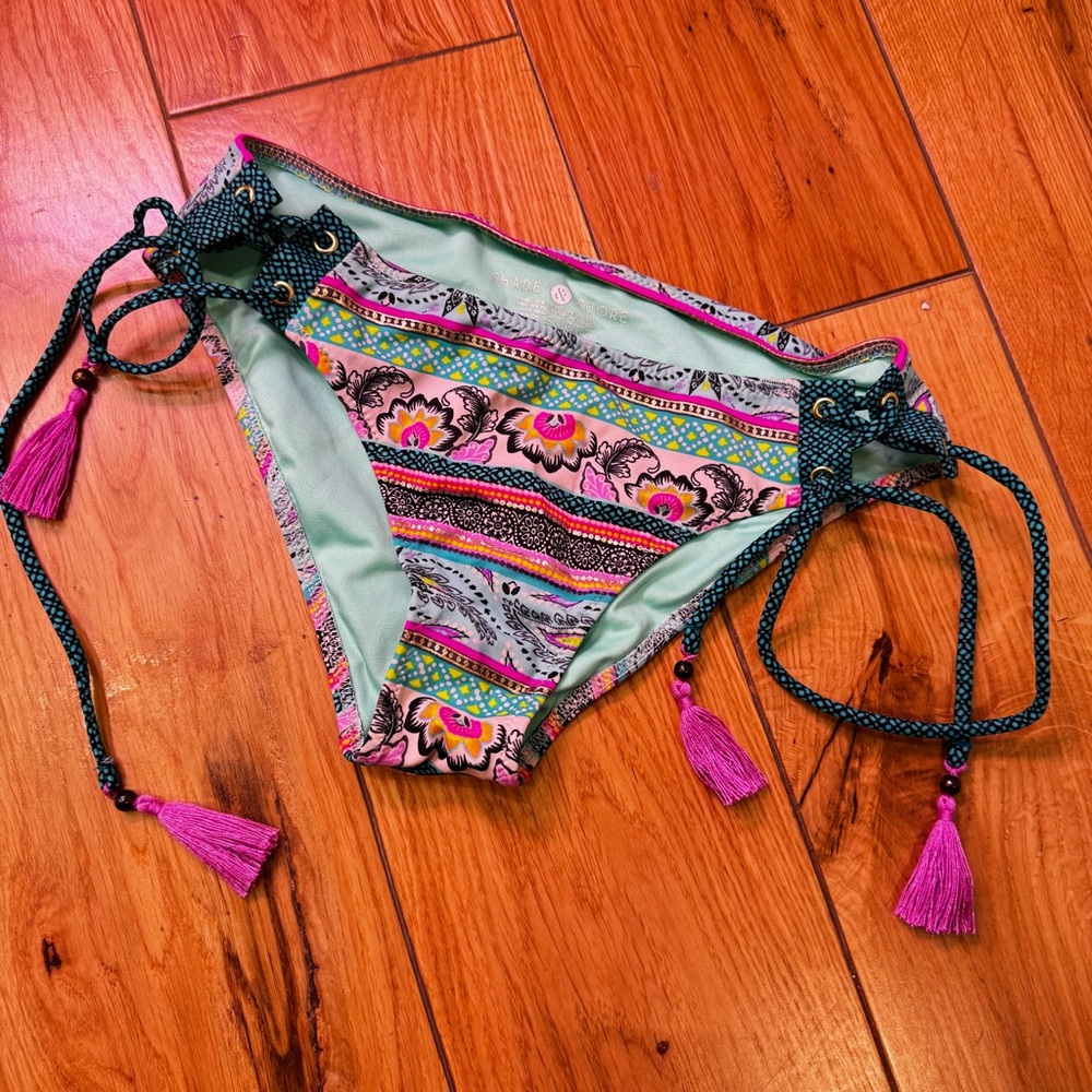Shade & Shore Tropical Bikini Bottoms Boho Tassels Strappy Turquoise Pink Gold S